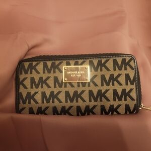 Michael Kors Black and Brown MK Logo Wallet with Gold Plaque